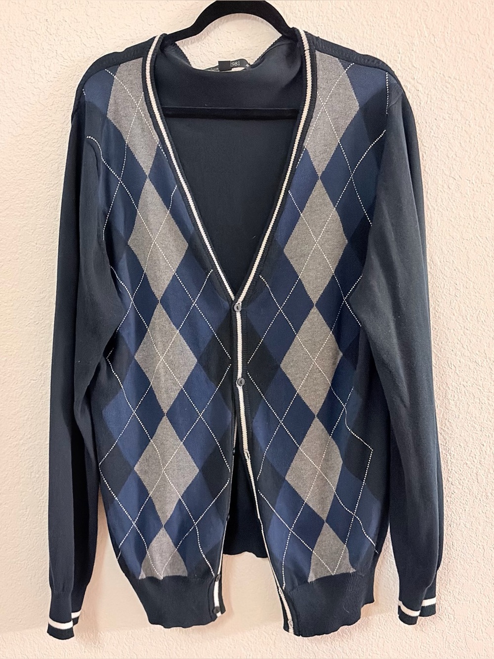 Heritage 1981 Men's Navy Argyle Cardigan Sweater - Classic V-Neck button down XL